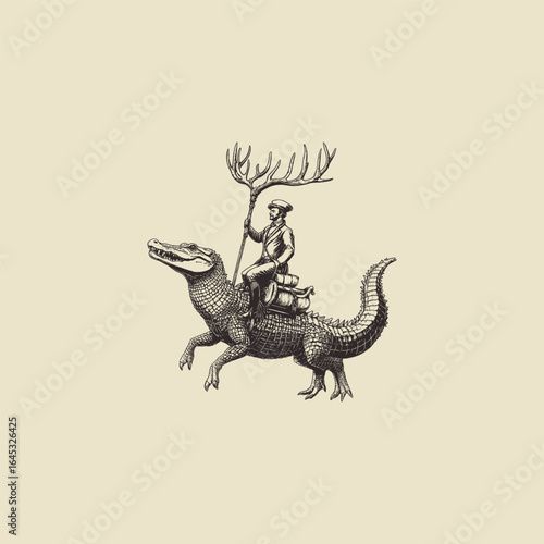 A surreal engraving logo depicting a gentleman with antlers riding a mighty crocodile