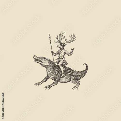 A surreal engraving logo depicting a gentleman with antlers riding a mighty crocodile