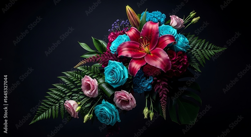 Obraz premium Dramatic Floral Arrangement with Vibrant Colors on Dark Background Perfect for Greetings or Special Occasions