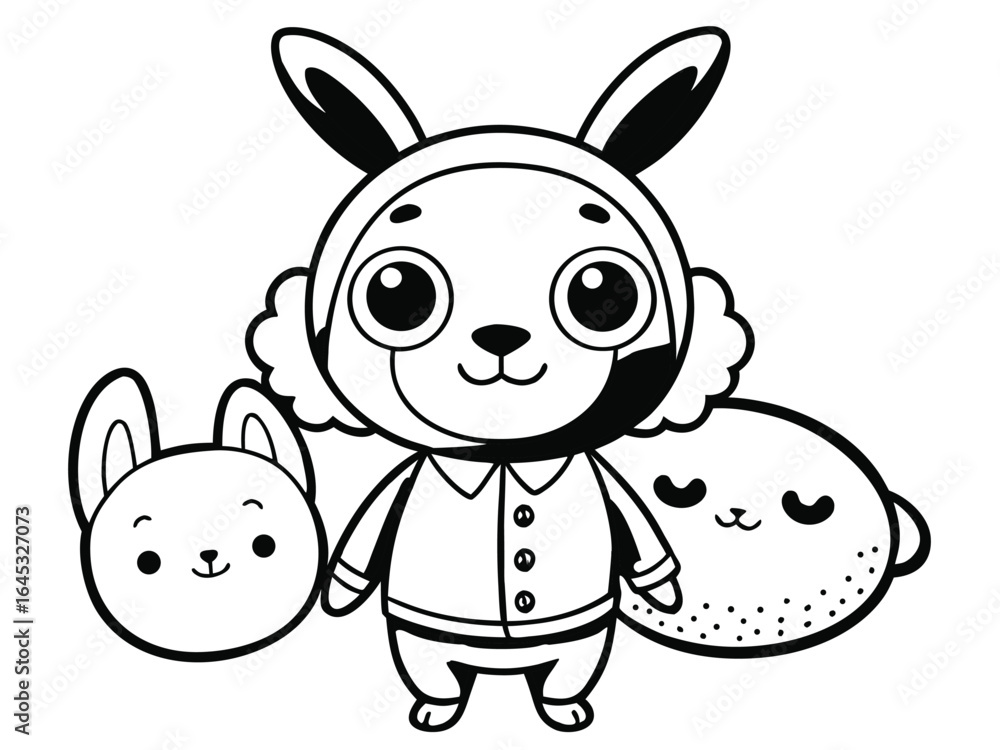 Obraz premium Cute bunny character in pajamas with toy coloring page. Black and white cartoon illustration, perfect for children’s activities, bedtime stories, kids’ crafts, and fun, creative coloring projects.