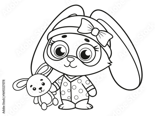 Cute bunny character in pajamas with toy coloring page. Black and white cartoon illustration, perfect for children’s activities, bedtime stories, kids’ crafts, and fun, creative coloring projects.