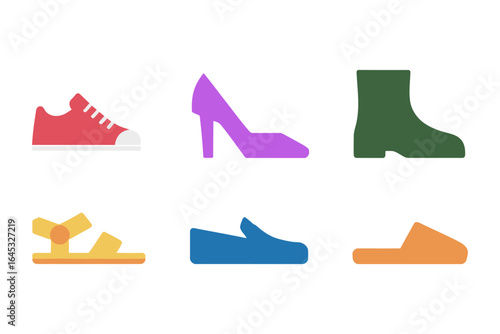 Footwear icon set, sneaker high heel ankle boot loafer sandal slide, stylish shoes vector, footwear design elements