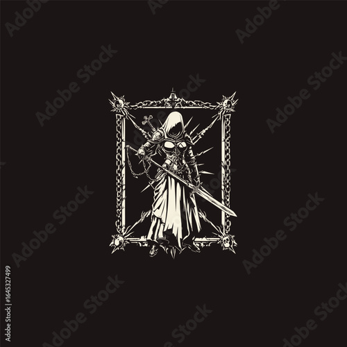 Engraving logo of a dark demon nun warrior wielding a sword, cloaked in a hooded robe, and framed by gothic thorns and skulls