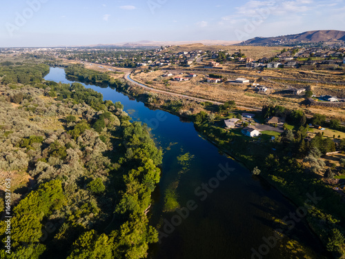 Aerial landscape of Yakima River Valley nature during summer in Kennewick Richland Washington