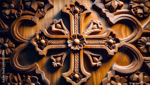Armenian Khachkar-Inspired Teak Carved Wall – Wooden Teak Wall Art Showcasing Intricate Cross-Stone Motifs, Rich Cultural Heritage, and Masterful Craftsmanship for Distinctive Interior Design