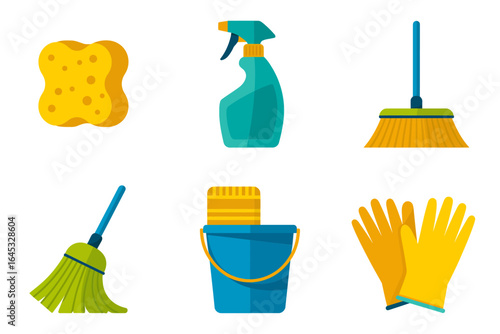 Mop broom and bucket icon set, sponge sprayer gloves vector, household cleaning illustration, sanitizer spray clipart, home service elements