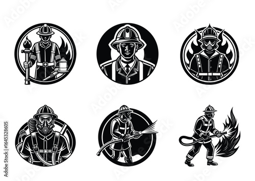 Set of Black and White Firefighter Logos with Circular Design Elements