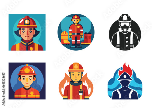 Cartoon set of firefighters and equipment in different styles and variations