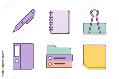 Office stationery icon set, pen notebook binder clip paper clip sticky note vector, desk supply illustration, office tools clipart, productivity elements