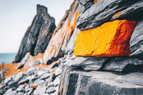 Close-up of vibrant orange rock face nestled among dark gray, layered rocks.  Coastal scenery with a backdrop of cliffs