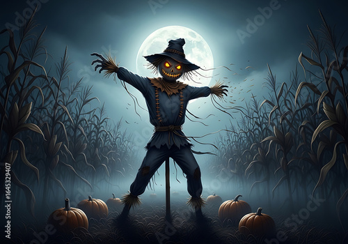 Scary scarecrow with glowing eyes in a cornfield under a full moon