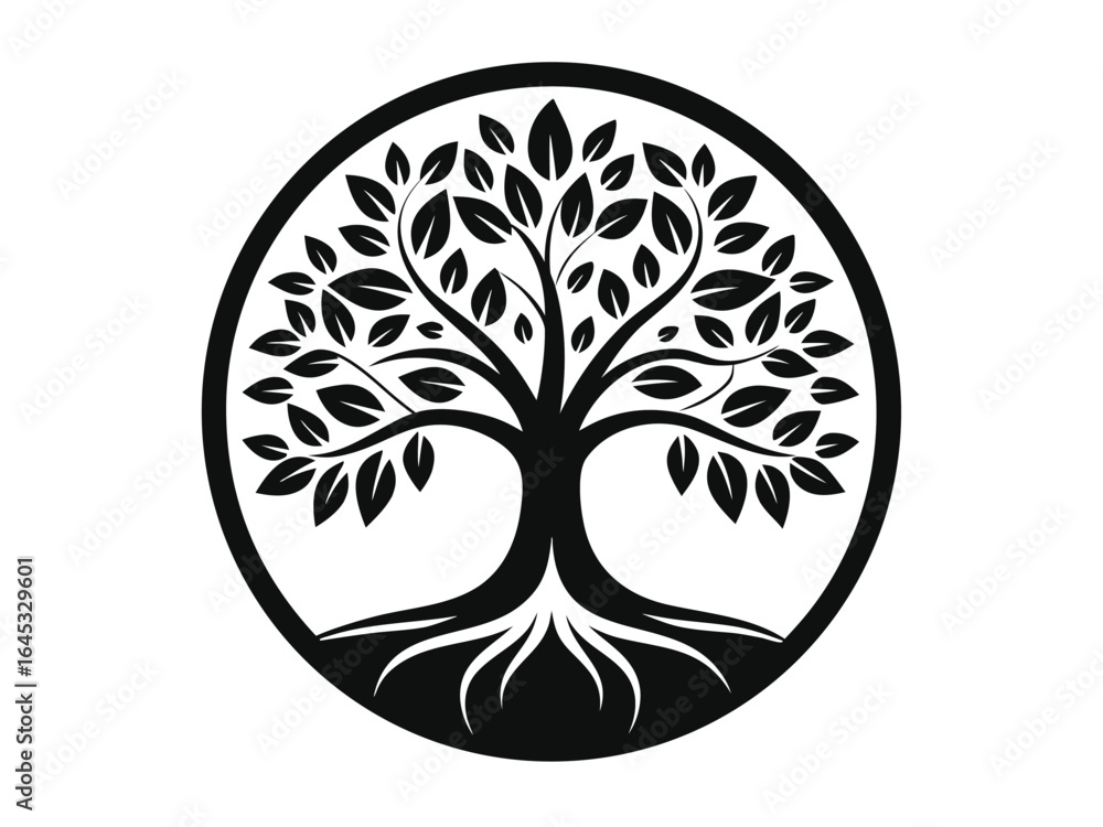 Obraz premium Circle Tree vector logo. This beautiful tree is a symbol of life, beauty, growth, strength, and good health, ideal for wellness brands, nature projects, and eco-friendly designs