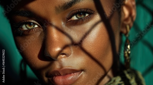 Captivating portrait of a beautiful African American woman with striking eyes and alluring shadow patterns.
