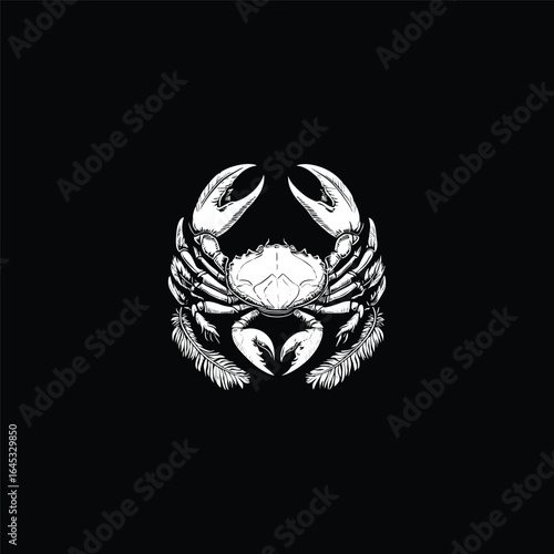 Engraved crab logo illustration, detailed black and white symmetrical design with claws and shell, vintage engraving