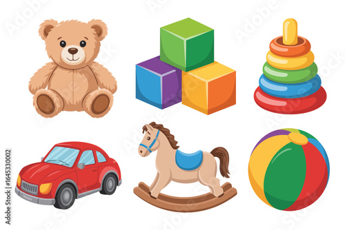 Baby toys collection, plush bear, colorful blocks, stacking tower, toy car, wooden rocking horse, play ball, vector set, playroom design