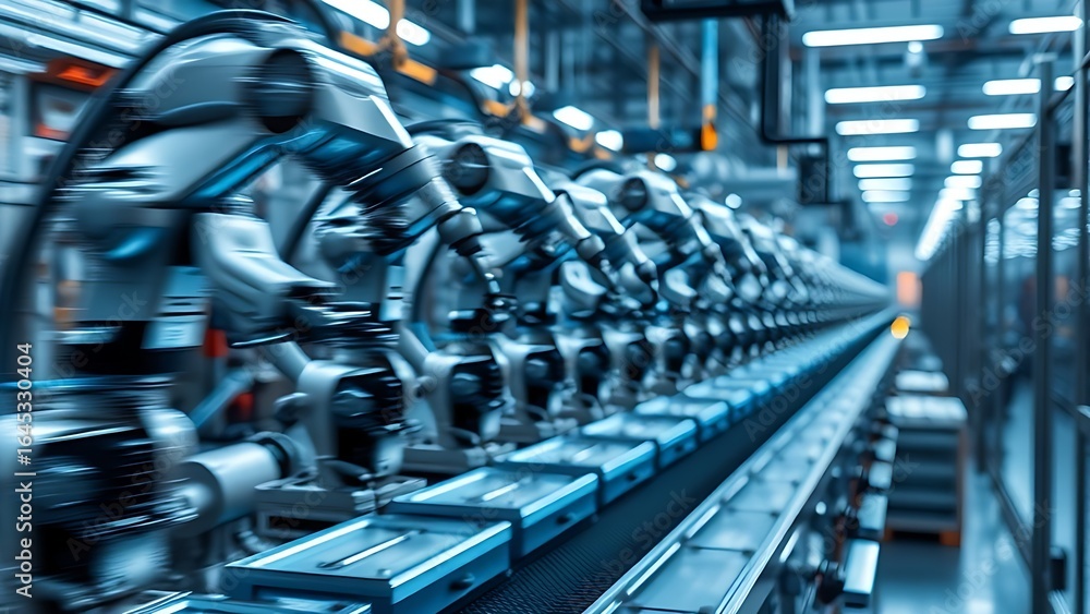 Obraz premium Industrial assembly line with robotic arms, bathed in cool blue light and dynamic motion blur.