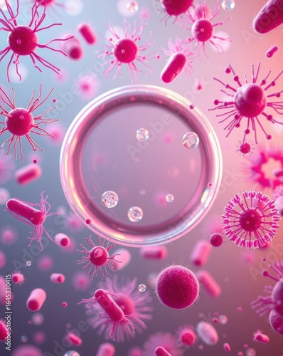 Microscopic pink viruses around cell, 3D medical illustration, microbiology and infection research, high resolution