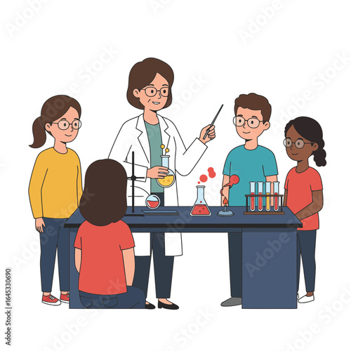 Science Class Exploration: A teacher guides a group of inquisitive students in a vibrant science class, where colorful experiments spark curiosity and inspire a love for learning. 