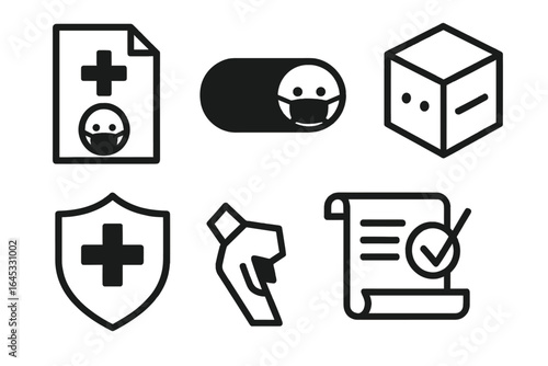Icons representing healthcare, safety, and medication in a simplified graphic style suitable for educational or informational use