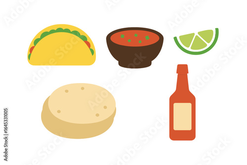 Delicious taco meal with salsa, lime, and hot sauce on a white background