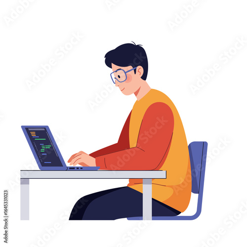 Focused Code: A programmer intensely absorbed in coding, sitting at a desk with a laptop displaying lines of code, symbolizing the focused work of a software developer.