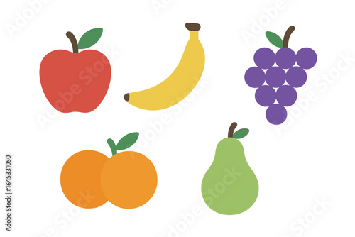 Colorful assortment of fruit illustrations with apples, bananas, grapes, oranges, and pears in a simple design
