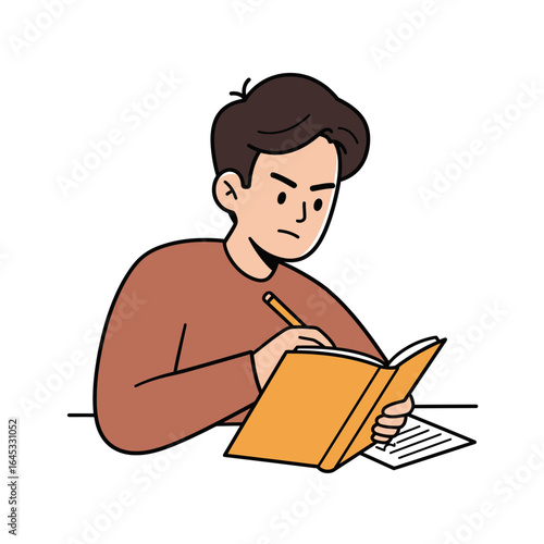 Intense Study: A focused student diligently takes notes in a vibrant, book, embodying the commitment to learning, hard work, and academic rigor.