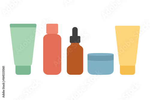 Display of colorful skincare products on a white background with various containers and bottles arranged neatly