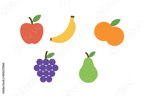 Fresh fruit collection including apple, banana, grapes, oranges, and pear displayed on a white background for educational use