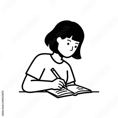 Girl immersed in studying: A charming drawing of a young girl, focused intently as she writes diligently in her notebook, captured in a clean and captivating illustration style.