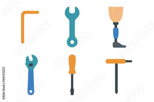 Collection of hand tools and a prosthetic limb arranged on a white background in a workshop setting
