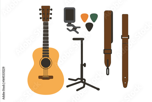 Musical instruments and accessories for a beginner guitarist setup on a clean white background