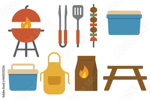 Barbecue tools and food setup for a summer cookout gathering outdoors