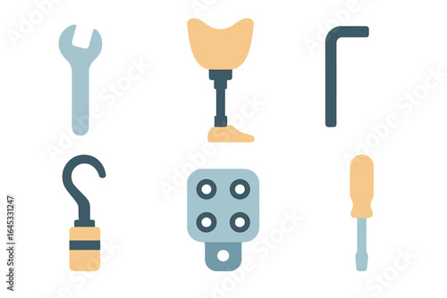 Various tools and equipment used for mechanical work and prosthetic assistance in a workshop environment