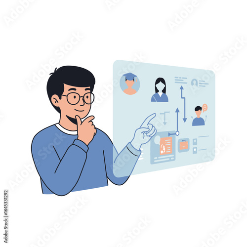 Man Analyzing a Chart: A person, immersed in a scene of digital interface, deeply contemplates the displayed data. The modern minimalist visual setting offers an image of focus and engagement.