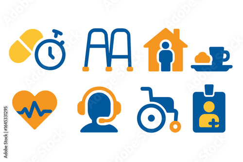 Health and wellness icons representing various aspects of care, support, and daily activities for individuals