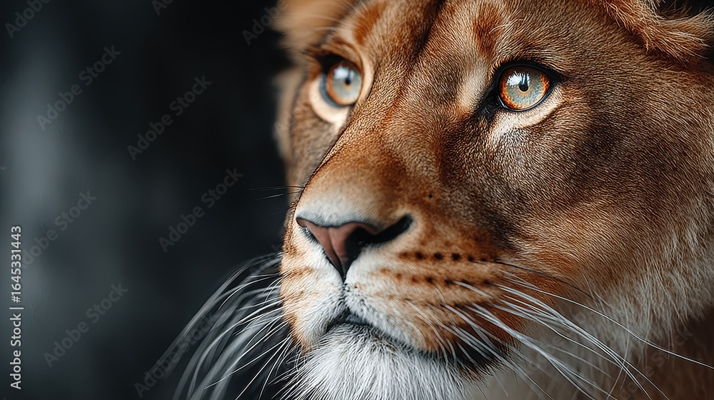 Obraz premium Close-up Portrait of a Majestic Lioness with Intense Gaze and Detailed Fur
