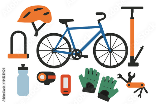 Bicycle accessories and essentials arranged neatly for cycling enthusiasts at home or outdoors