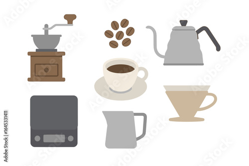 Coffee preparation tools and ingredients arranged on a clean background for brewing fresh coffee at home