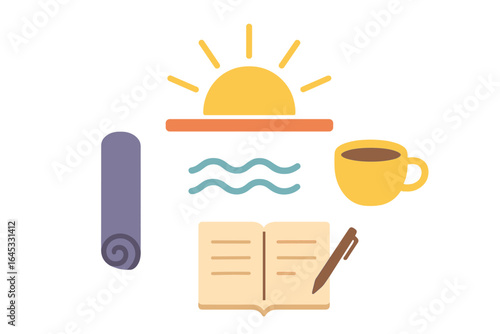 Morning relaxation routine with yoga mat, notebook, coffee, and sunrise