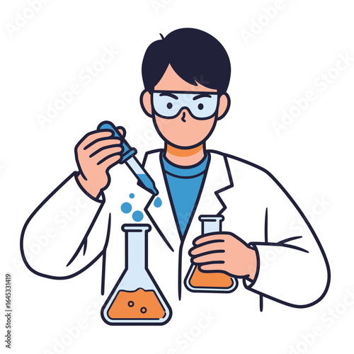 Scientist in Laboratory: A dedicated scientist performs a vital experiment, meticulously using tools like a pipette and Erlenmeyer flasks in a brightly lit, state-of-the-art lab setting.