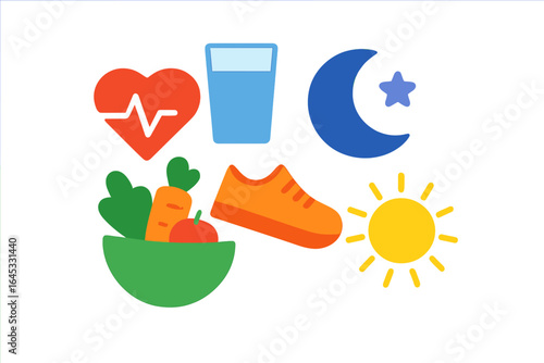 Healthy lifestyle symbols including exercise, nutrition, hydration, and sleep at any time of the day for well-being