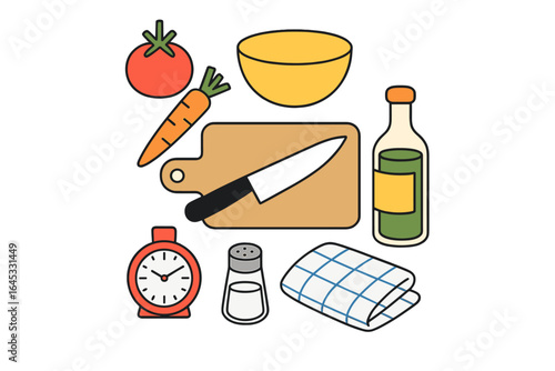 Colorful kitchen preparation with fresh vegetables and cooking tools at home