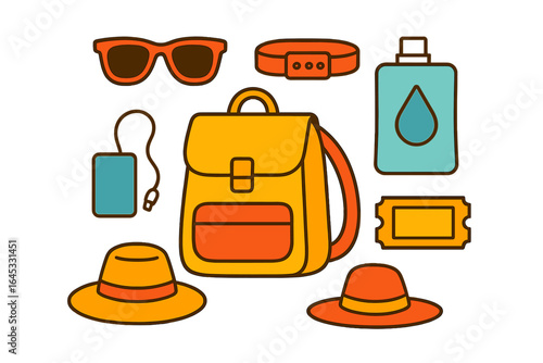 Stylish travel essentials for a fun outdoor adventure in bright colors and playful designs