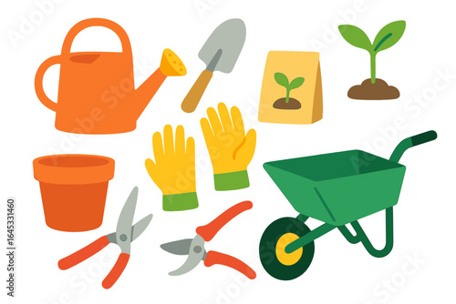 Gardening tools and supplies ready for spring planting and cultivation in a home garden setting