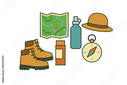 Hiking gear and essentials for a day in the wilderness with map and compass