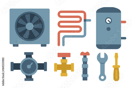 Collection of HVAC components including fan, pipes, and valves for heating and cooling systems