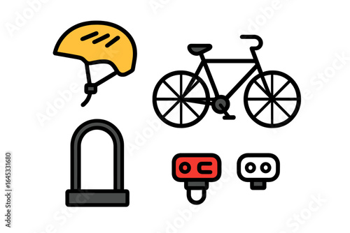 Essential items for safe cycling including a helmet, lock, and bicycle accessories in a minimalist design