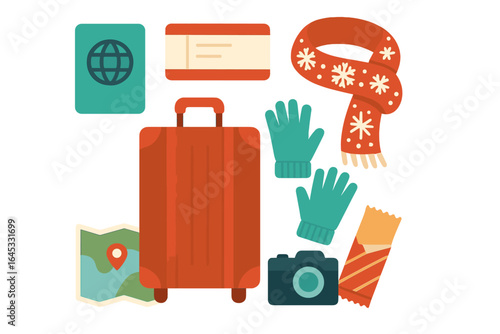 Travel essentials for winter adventure including suitcase, gloves, map, scarf, and camera