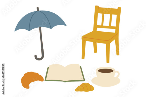 Cozy indoor setting with a chair, book, coffee, croissants, and an umbrella